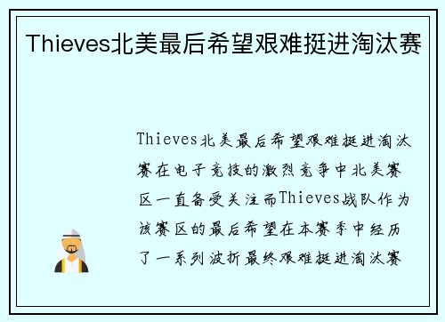 Thieves北美最后希望艰难挺进淘汰赛