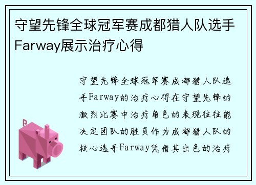守望先锋全球冠军赛成都猎人队选手Farway展示治疗心得