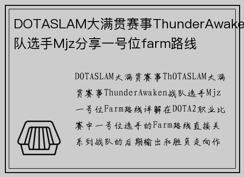 DOTASLAM大满贯赛事ThunderAwaken战队选手Mjz分享一号位farm路线
